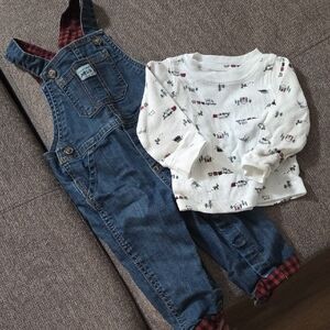 Carter's Blue Denim Overalls with Cream Printed Long Sleeve Top